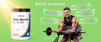 Бета-аланин для спорта с инфографикой полезных свойств и тренирующимся атлетом