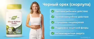 Черный орех, графический баннер с упаковкой добавки Nature's Way, девушкой и перечнем полезных свойств для микрофлоры и пищеварения