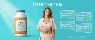 Клетчатка на инфографике с банкой пищевых волокон, девушкой и перечислением главных полезных свойств для кишечника и контроля веса