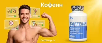 Суточная норма и свойства кофеина, на желтом фоне изображен мужчина с развитой мускулатурой, инфографика и банка добавки от бренда EVL