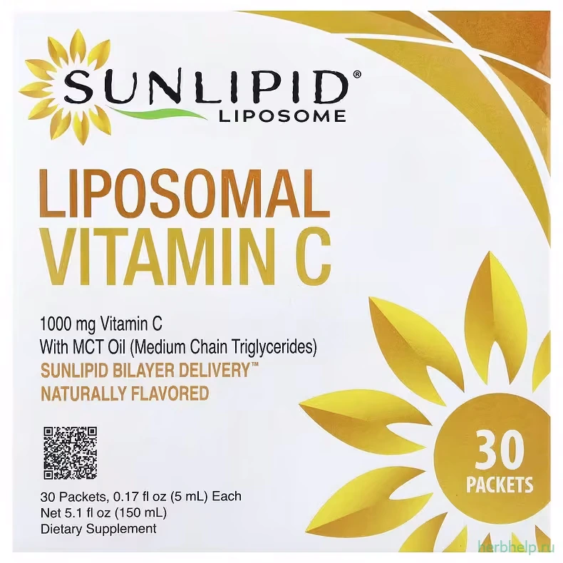 Липосомальный комплекс аскорбата натрия с маслом MCT от SunLipid для защиты витамина С от разрушения в ЖКТ и улучшенного всасывания, натуральный вкус, 1000 мг, 30 пакетиков