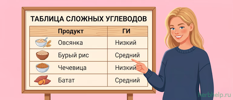 Продукты на основе сложных углеводов (таблицы)