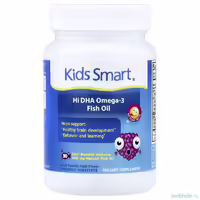 Детский рыбий жир Kids Smart 500 мг Омега-3 с высоким содержанием ДГК для развития мозга, фруктовый вкус, 30 жевательных капсул