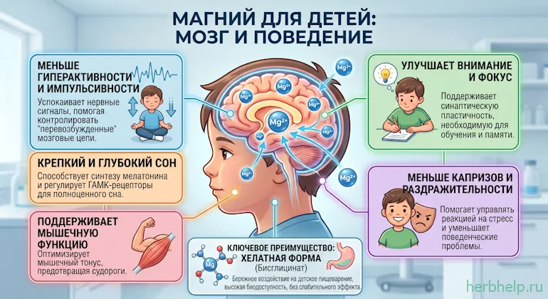 Магний для детей мозг поведение внимание сон хелатная форма бисглицинат инфографика