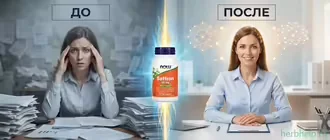 Шафран, визуальное сравнение состояния до и после приема добавки NOW Foods на примере девушки в офисе, переход от стресса к спокойствию и ясной голове