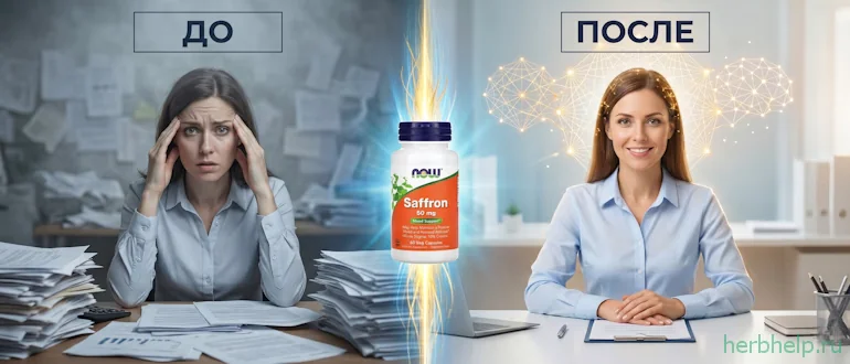 Шафран, визуальное сравнение состояния до и после приема добавки NOW Foods на примере девушки в офисе, переход от стресса к спокойствию и ясной голове